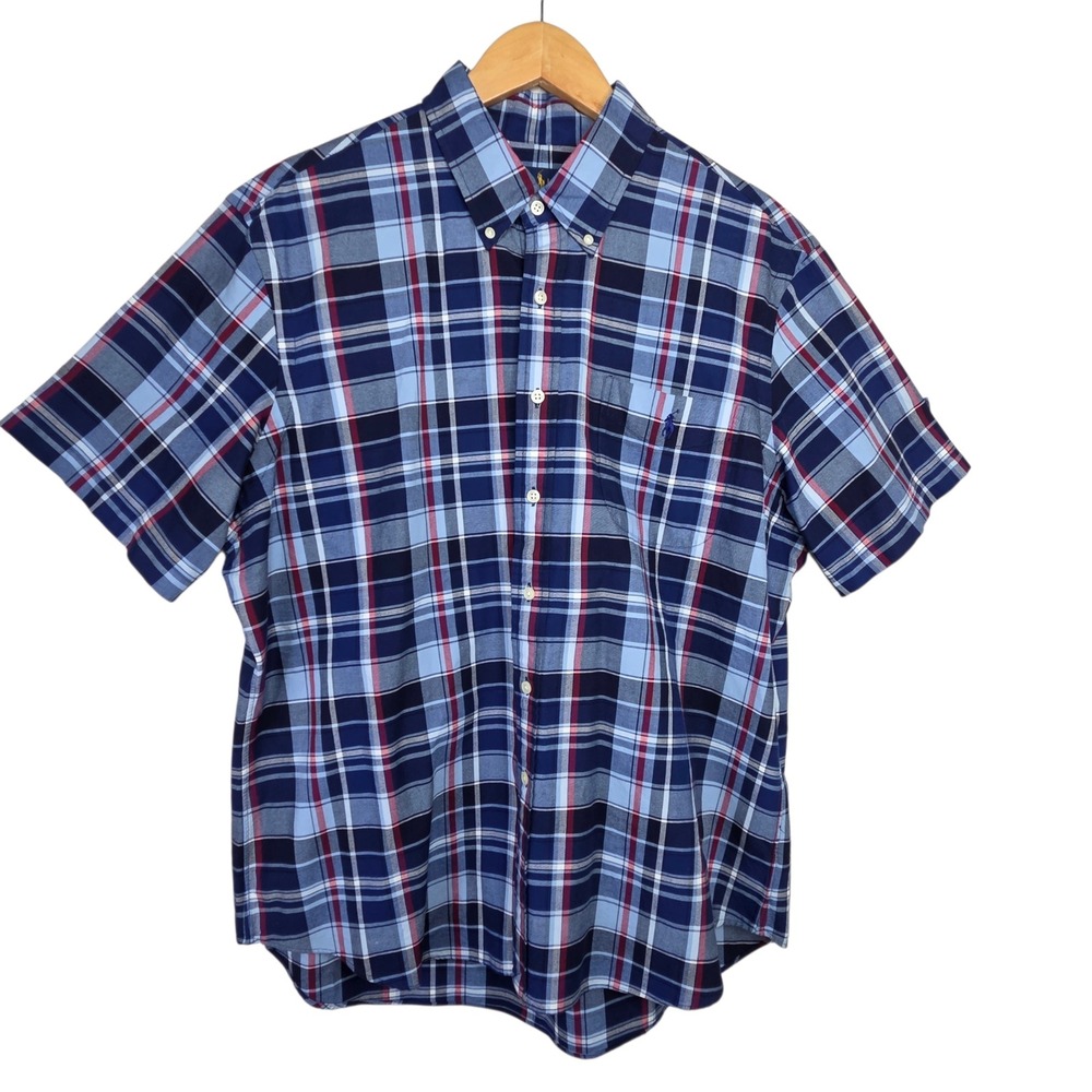 Ralph Lauren Mens Blue Cotton Plaid Short Sleeve Button Down Shirt Large‎ Pony